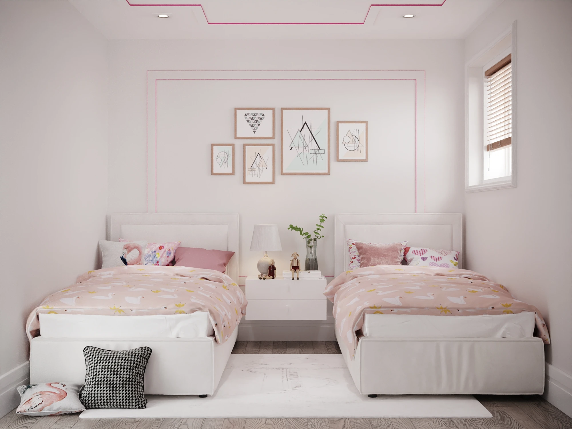 Shared bedroom rendering with two upholstered beds, pink bedding and a central bedside table