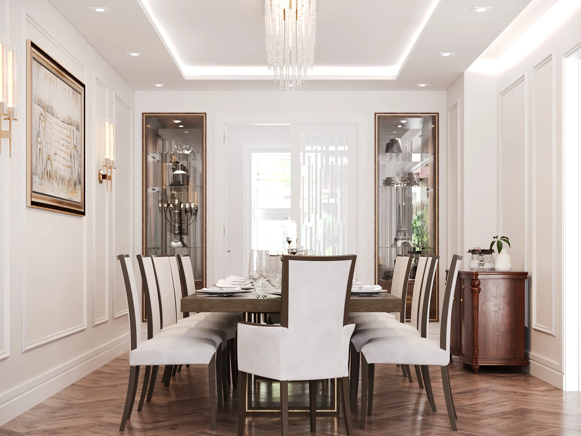 Dining room rendering with a long wood table, upholstered chairs, glazed display cabinets and a chandelier